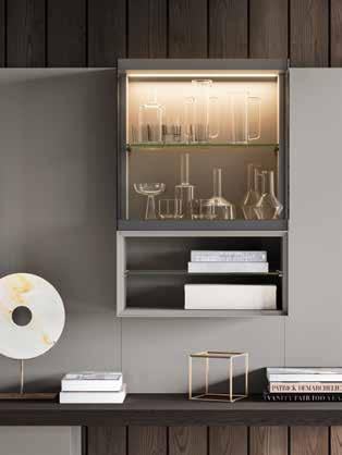 units lacquered in high gloss Arena Suspended bench in Fossile oak Fashion wood Back panels lacquered in matt Arena and Fossile oak Fashion wood Shelves lacquered in high gloss Arena CUBE wall