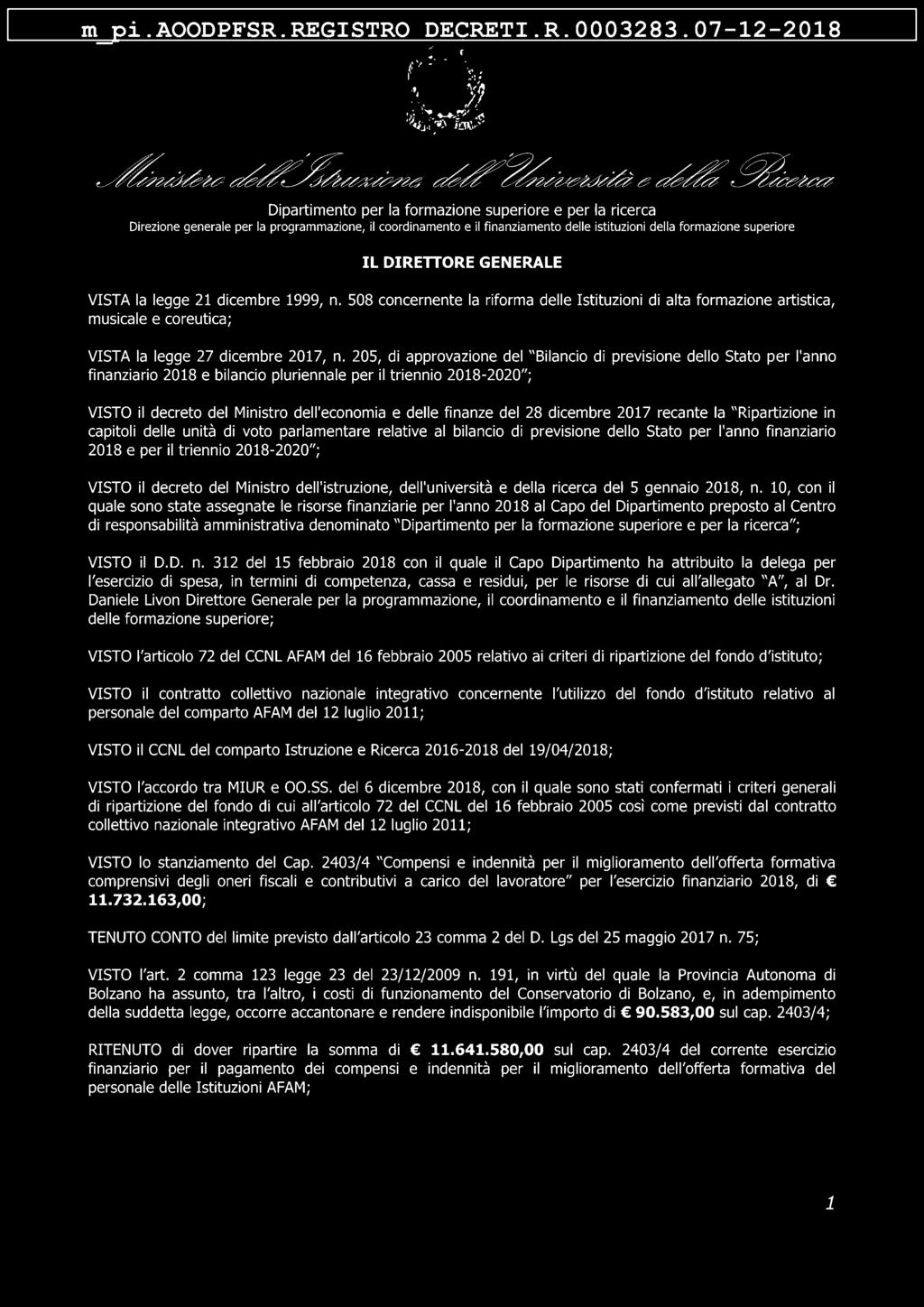 508 concernente la riforma delle Istituzioni di alta formazione artistica, musicale e coreutica; VISTA la legge 27 dicembre 2017, n.