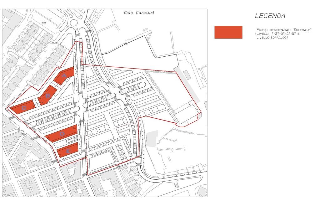 Funzioni residenziali in progetto "SUL" Blocco "A" - Livelli 1-2 - 3-4 mq 584,81 x 4 = mq 2339,24 - Livello 5 = mq 593,87 - Livello soppalco = mq 177,88 a detrarre "SUL" soppalchi (40% del locale