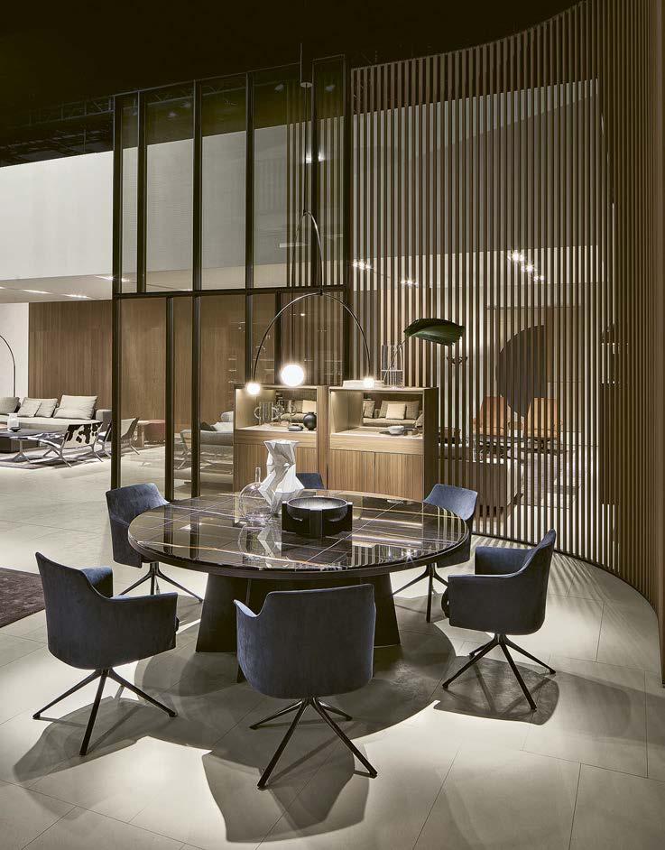 Modular sofas, generously sized tables, and enveloping armchairs are the stars of the day area.
