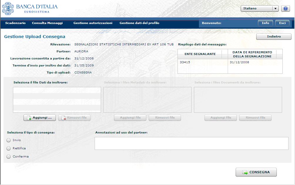 7.1. Funzionalità di upload - Consegna La funzione di upload, cui si accede selezionando l opzione di Consegna dal menù associato alle Funzionalità Upload file, presenta