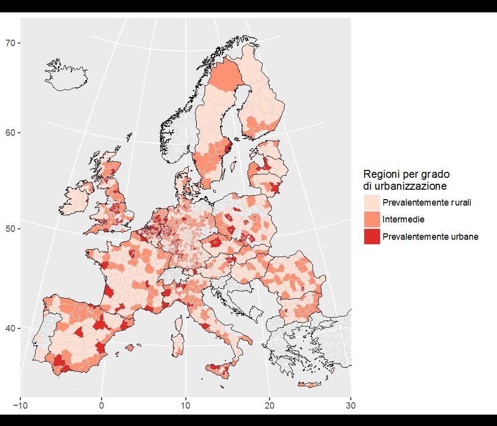 Regioni europee NUTS3 distinte in base al grado di urbanizzazione