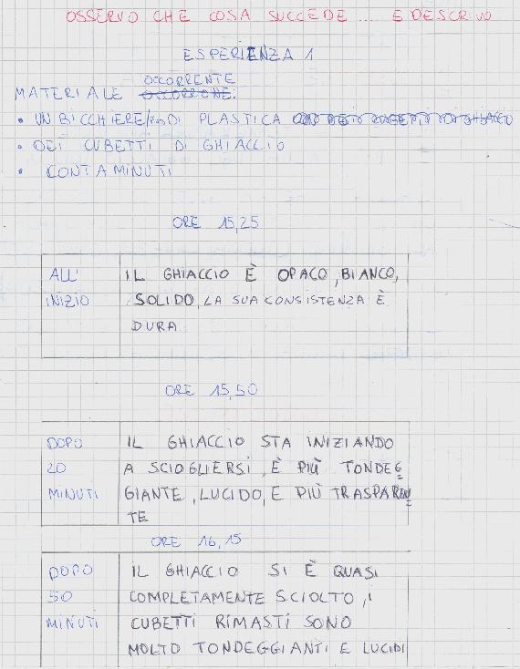 Esperienze con l acqua Il ghiaccio: test 1 L esperienza è iniziata chiedendo ai bambini di scrivere, individualmente sul proprio quaderno, cosa succederebbe, con