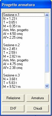 Il comando Progetto armatura del menu principale permette di attivare la finestra Progetto armatura contenente: La finestra di dialogo che contiene i risultati della progettazione delle armature