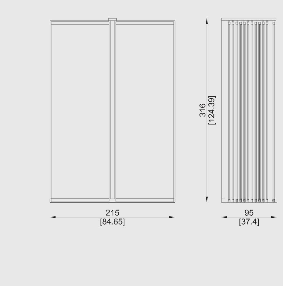 Présentoir avec socle complet de guides et sans toit, composé de 12 cadres coulissants et 2 cadres de cm 300x100.