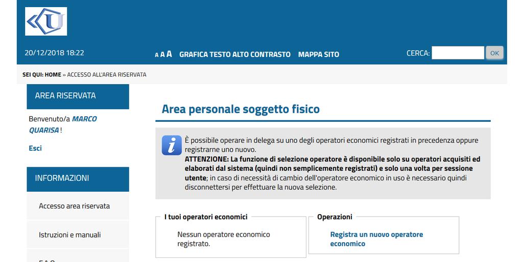 Se l autenticazione al sistema Cohesion è andata a buon fine, si verrà reindirizzati alla pagina riservata del Portale Appalti sotto illustrata.