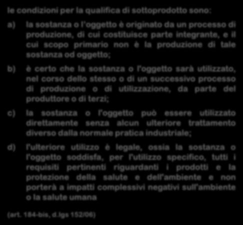 DEFINIZIONE - SOTTOPRODOTTO «è un sottoprodotto qualsiasi sostanza od oggetto che soddisfa le condizioni di cui all articolo 184-bis, comma 1, o che rispetta i criteri stabiliti in base all