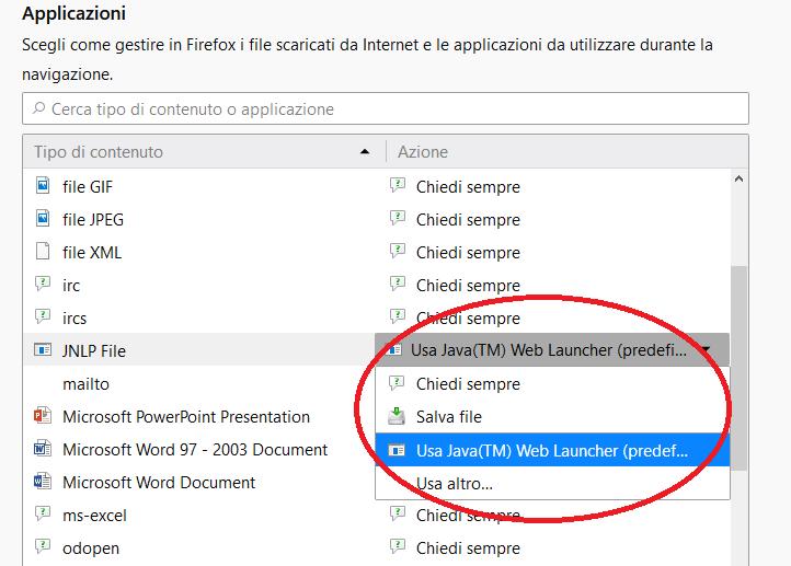 Attivare l elenco a tendina in corrispondenza al tipo di contenuto JNLP file. Tra le opzioni possibili selezionare Usa Java Web Launcher.