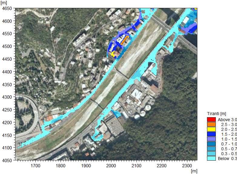 sormonto nella configurazione indisturbata, a causa del grande volume liquido esondato in corrispondenza di Ponte Carrega, circa 600 m a monte. Figura 5.