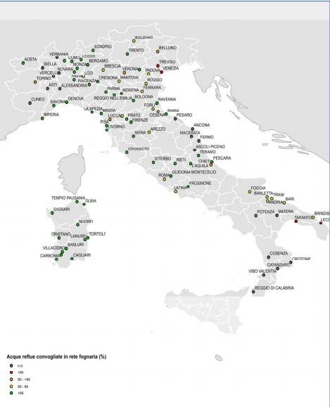 Il grado di copertura territoriale delle reti fognarie è risultato complessivamente piuttosto elevato in gran parte delle città considerate dallo studio di ISPRA. In particolare, al 31.12.