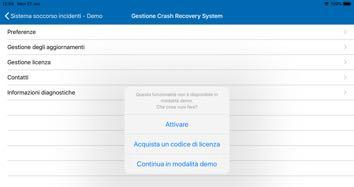 Modalità demo > Impostazioni Nel menu Impostazioni della Modalità demo è possibile modificare le impostazioni come la lingua e il database del CRS.