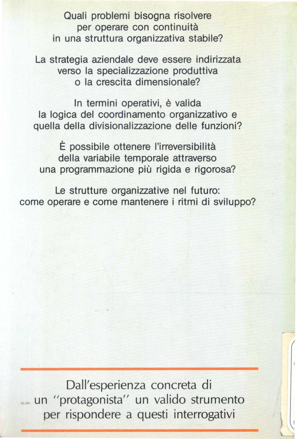 Quali problemi bisogna risolvere per operare con continuità in una struttura organizzativa stabile?