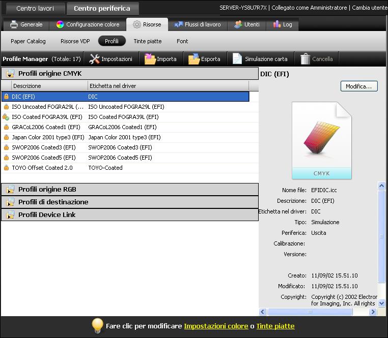 PROFILI DEI COLORI 46 Gestione dei profili su EX Print Server Command WorkStation consente di importare i profili ICC su EX Print Server, esportare ed eliminare i profili (ad eccezione dei profili