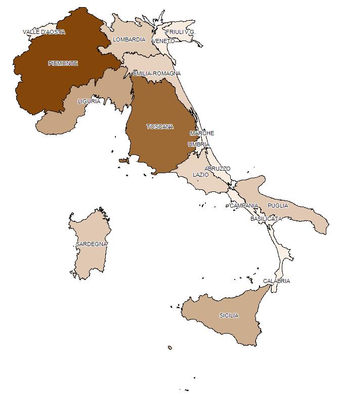 La mappa dell Italia nelle preferenze dei turisti del territorio francesi Distribuzione turisti (quote %) Piemonte, Toscana, Liguria le mete più gettonate (58% le sceglie), seguite da