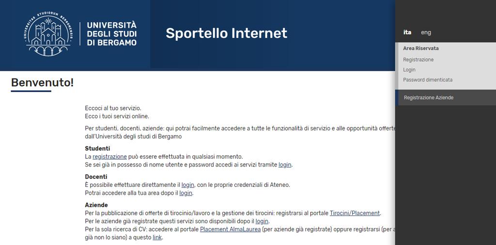 1. Dal menu in alto a destra seleziona Login e inserisci nome utente e password, ottenuti al momento della registrazione al sistema informativo di Ateneo.