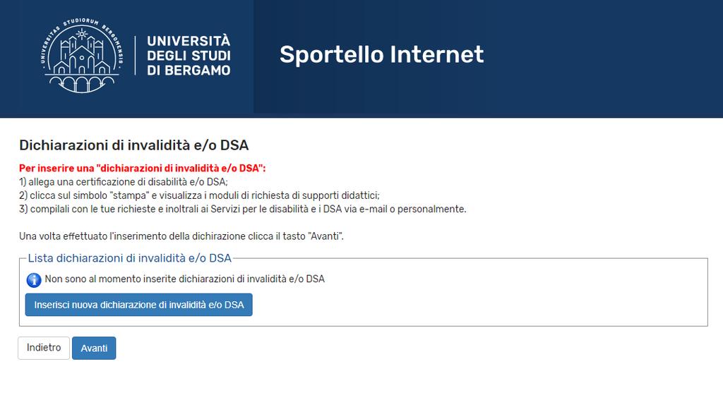 14. Se non ci sono altre dichiarazioni di invalidità da inserire, fai click su Avanti : Nella schermata successiva ti verrà richiesto di inserire la tipologia di abilitazione all insegnamento di cui