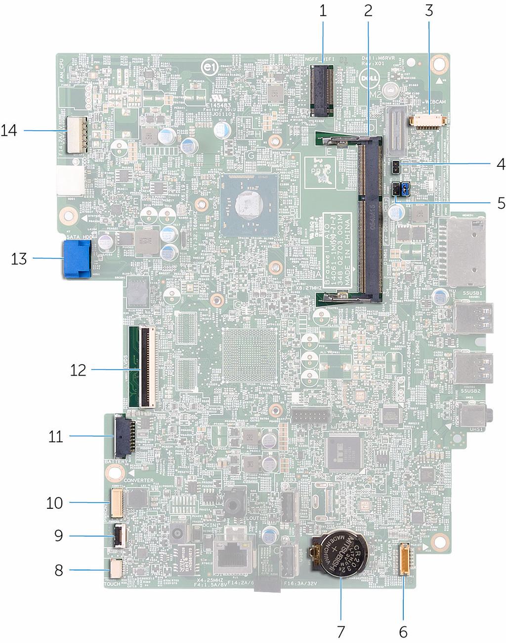 11 batteria pulsante Componenti della scheda di sistema 1 slot scheda per reti senza fili (NGFF_WIFI) 3 connettore del cavo della fotocamera (WEBCAM) 5 ponticello per