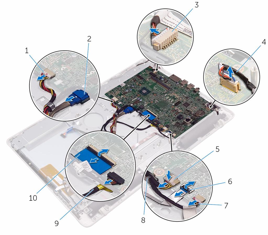 3 Sollevare i dispositivi di chiusura e scollegare il cavo della scheda dei pulsanti di controllo e il cavo dello schermo dalla scheda di sistema.