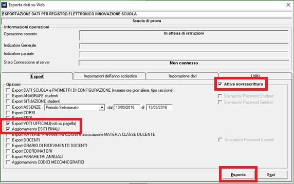 3. Pubblicazione voti per famiglie La procedura per poter comunicare il risultato dello scrutinio ai genitori, visibile nella loro sezione dedicata, consiste nel fare un esportazione