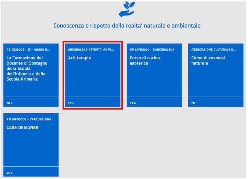 Cliccand sul bx di un ambit frmativ, specific (blu) trasversale (rss), viene mstrata la lista delle iniziative frmative ad ess relative.