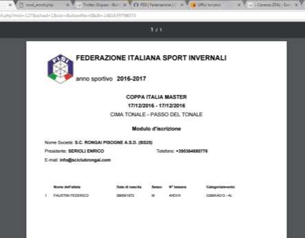 Se in un secondo momento fosse necessario CANCELLARE un iscrizione, basterà rientrare nel Tab Iscrizioni, cliccare sul pulsante verde Iscrivi in corrispondenza della gara in oggetto e nella tabella