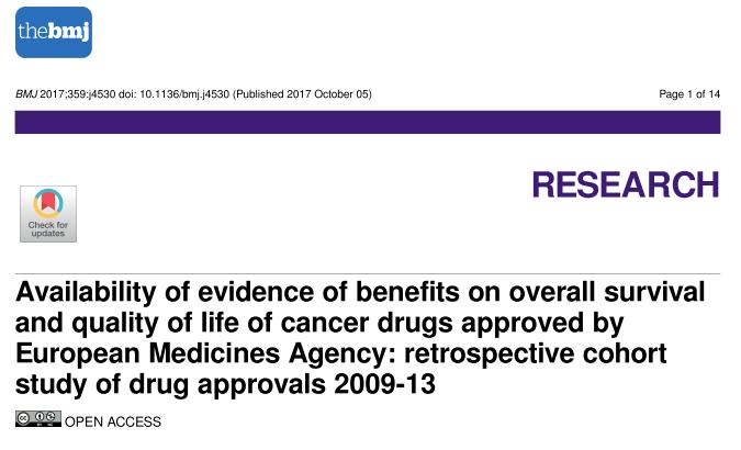 Valutazione dell innovatività e «unmet needs»: alcune implicazioni scientifiche ed etiche «This systematic evaluation of oncology approvals by the EMA in 2009-13 shows that most drugs entered the