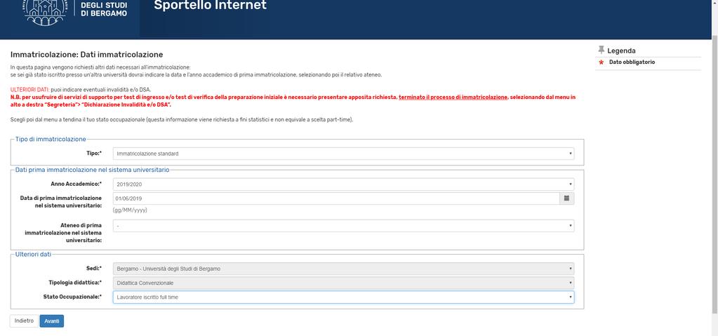 Se sei già stato iscritto presso un altro ateneo dovrai inserire la data e l anno accademico di prima immatricolazione (anno di primo ingresso nel sistema universitario); potrai inoltre