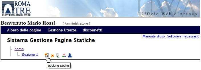 2.4.1 Aggiungere una pagina Figura 19: aggiungere una pagina di una sezione L operazione per aggiungere una pagina è identica a quella per aggiungere una sezione con l unica differenza che,