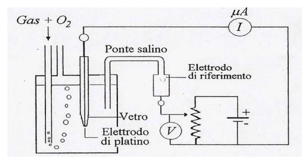 Sensori amperometrici La misura dell ossigeno disciolto in una soluzione può essere effettuata utilizzando una cella composta da un elettrodo di platino immerso nella soluzione stessa,