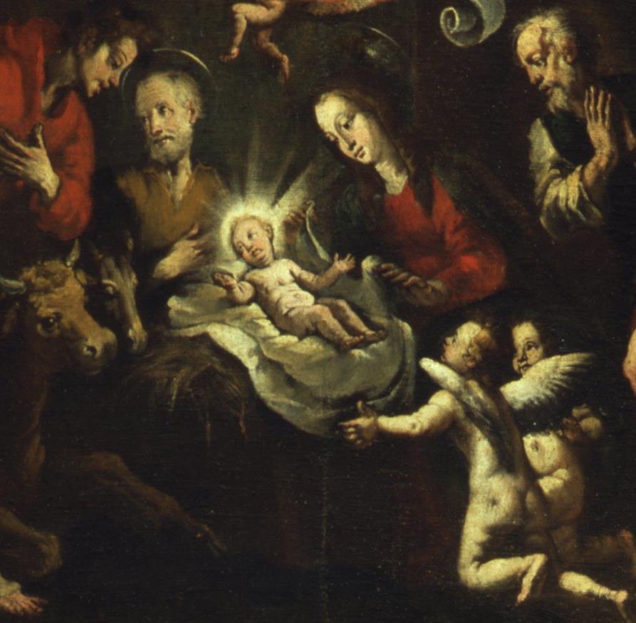 Cuneo, S. Croce Giulio Bruno (?), 1626 ca, Divenuto radiosa fonte di luce in mezzo alle tenebre Gesù Bambino porta la luce nella scena come nelle anime dei presenti e dei fedeli.