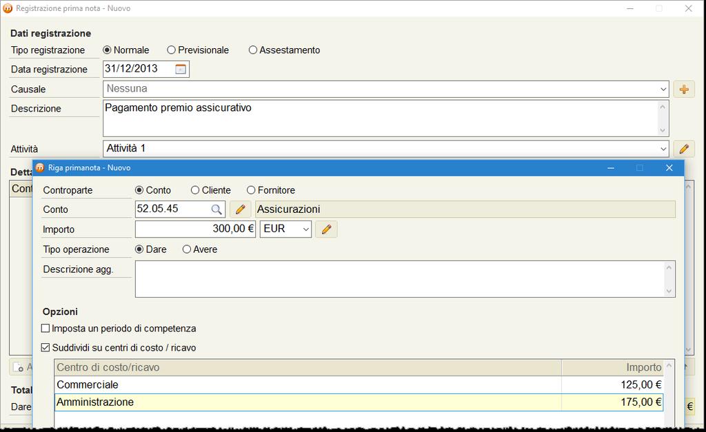 Centri di costo/ricavo e attività possono coesistere all interno della stessa registrazione e la ripartizione analitica del costo/ricavo può essere fatta nel riepilogo IVA.