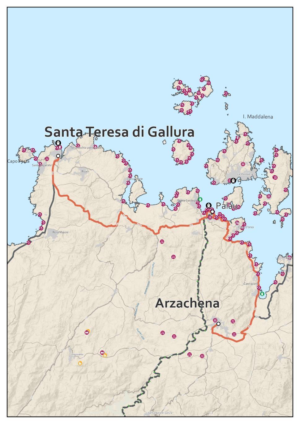 R20 Santa Teresa di Gallura - Arzachena Dati itinerario Lunghezza Dislivello in salita Dislivello in discesa Tempo Punti di interesse Aree naturalistiche Difficoltà Attrattività Qualità 51,45 km 587