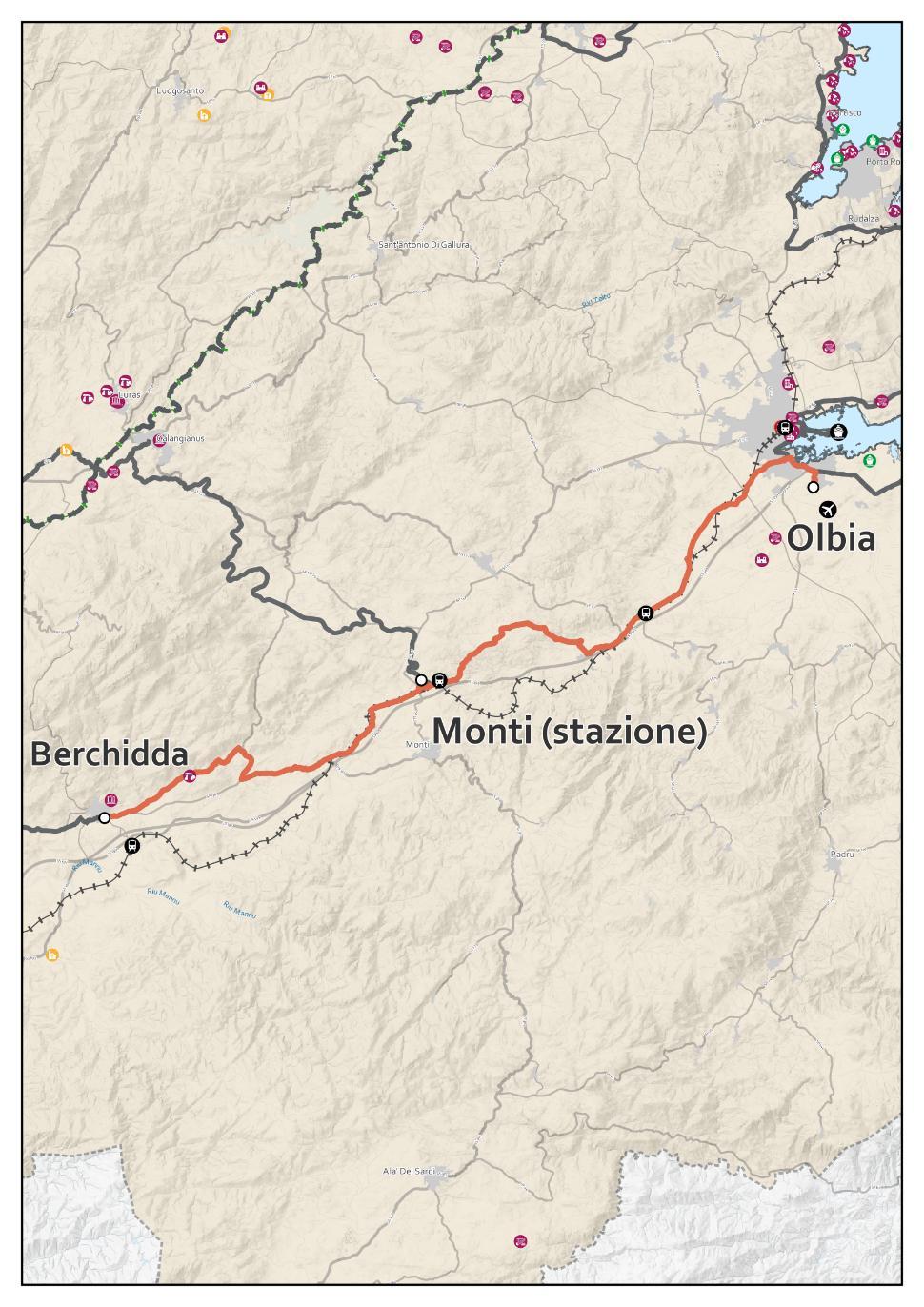 R29 Olbia - Monti (stazione) - Berchidda Dati itinerario Lunghezza Dislivello in salita Dislivello in discesa Tempo Punti di interesse Aree naturalistiche Difficoltà Attrattività Qualità 42,05 km 713