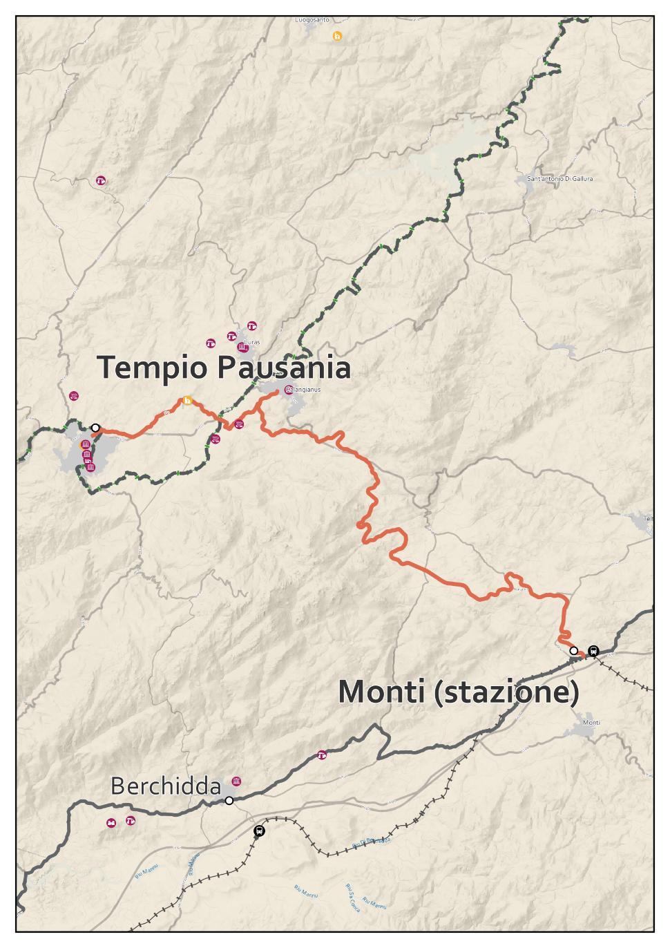 R39 Monti (stazione) - Tempio Pausania Dati itinerario Lunghezza Dislivello in salita Dislivello in discesa Tempo Punti di interesse Aree naturalistiche Difficoltà Attrattività Qualità 34,75