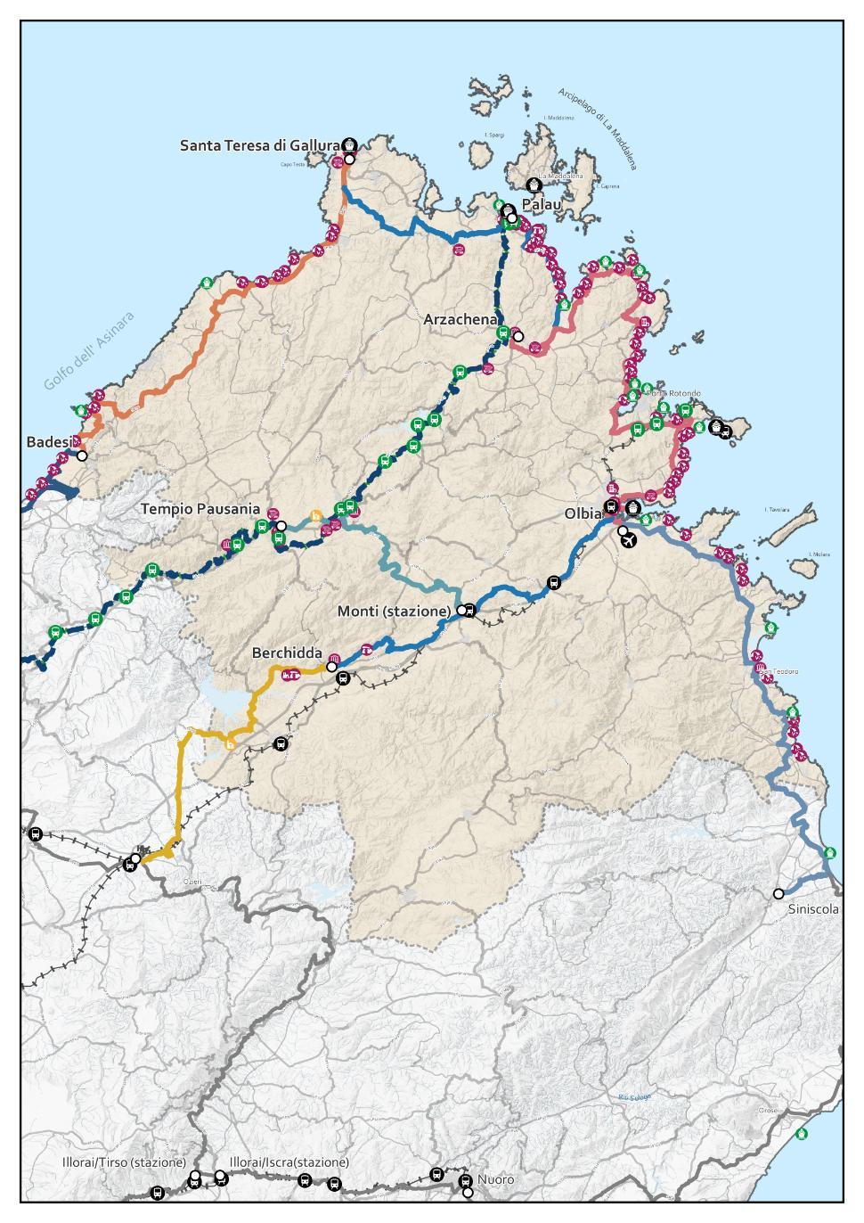 La rete ciclabile nel territorio 8 ITINERARI CICLABILI Per una lunghezza totale di 426,46 km Porto Torres - Badesi Badesi - Santa Teresa di Gallura Santa Teresa di Gallura - Arzachena Arzachena -