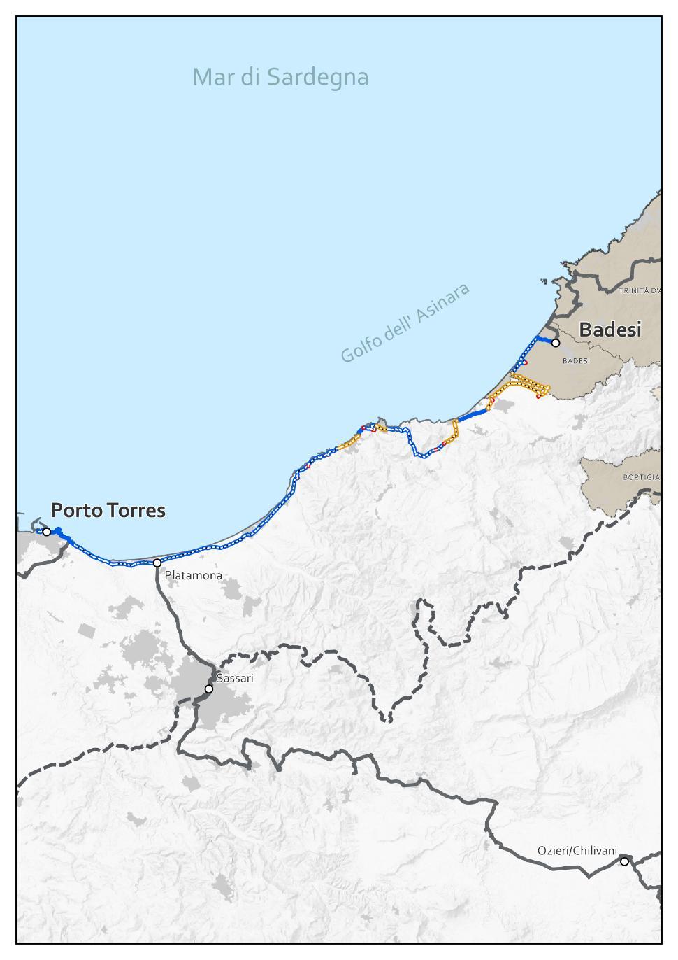 R18 Porto Torres - Badesi Caratteristiche tecniche Tipologia di sede ciclabile 74% 24% 2% Pendenza 87% 11% 1.5% 0.