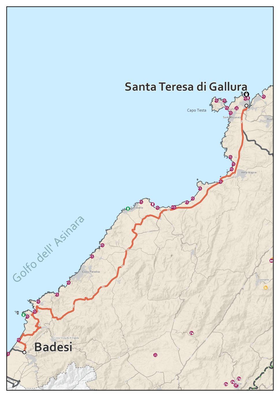 R19 Badesi - Santa Teresa di Gallura Dati itinerario Lunghezza Dislivello in salita Dislivello in discesa Tempo Punti di interesse Aree naturalistiche Difficoltà Attrattività Qualità 55,86 km 857 m