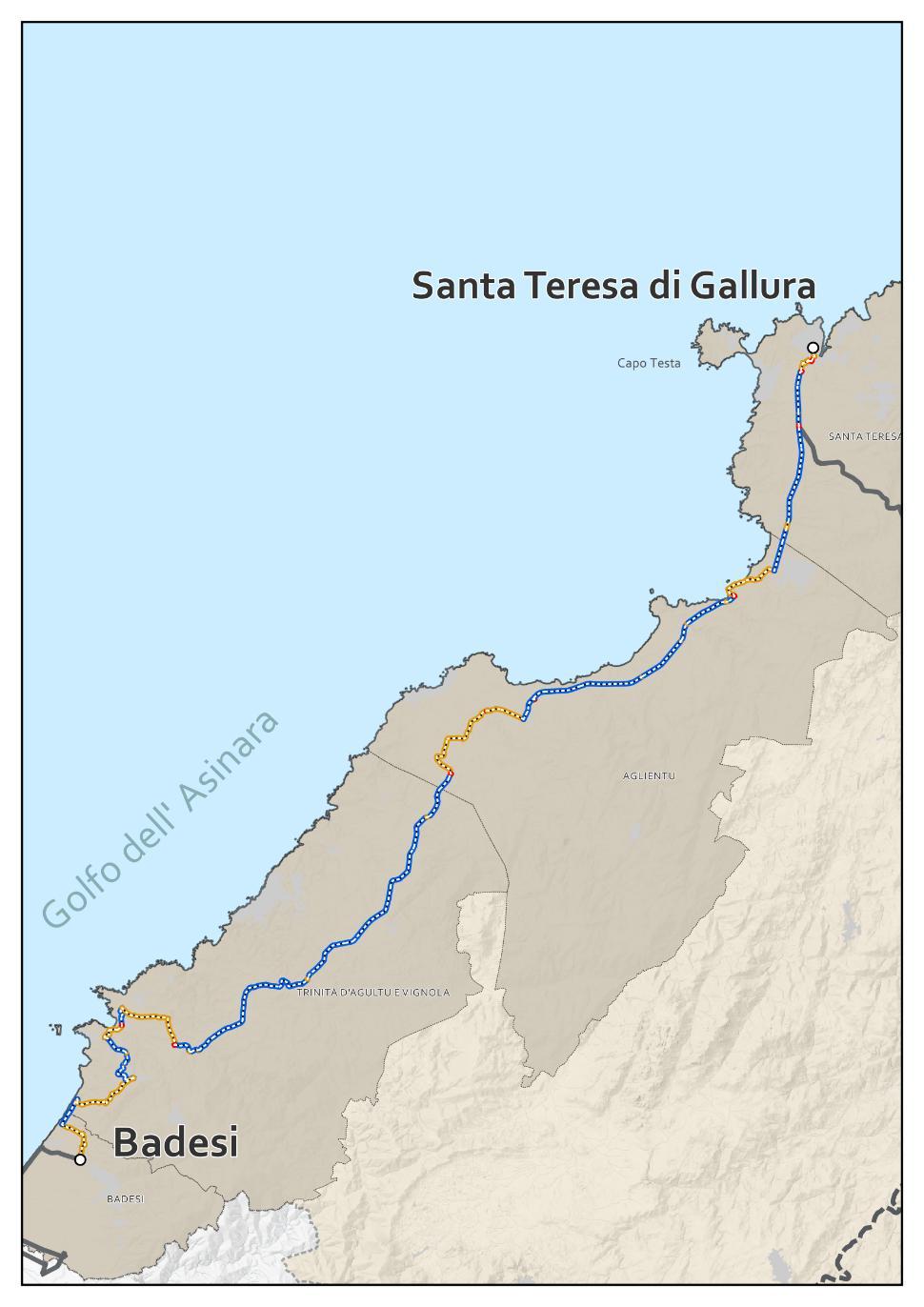 R19 Badesi - Santa Teresa di Gallura Caratteristiche tecniche Tipologia di sede ciclabile 67% 3 3% Pendenza 7 21% 8% 1% Sede Propria Sede promiscua: - su strade a bassa intensità di traffico e strade