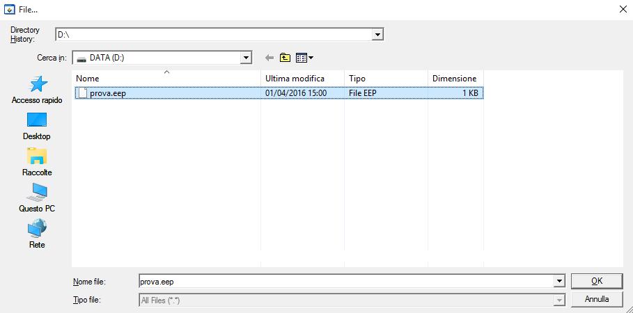 2. Selezionare un file esistente con estensione di tipo EEP o creare un nuovo file.