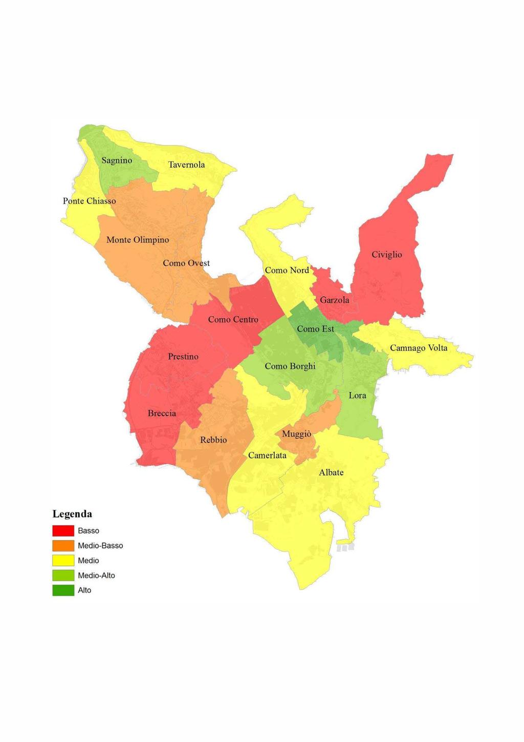 397 La classificazione per quartiere dell indice di suolo non assoggettato a vincoli previgenti Sagnino Tavernola Ponte Chiasso Monte Olimpino Como Ovest Como