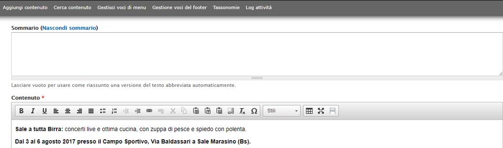 Figura: Form per inserimento campo Contenuto - Sommario Il Capo Redattore dovrà inserire un testo nel campo Contenuto e procedere con la creazione.