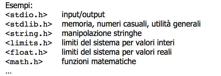 File di intestazione (Header) Ogni libreria standard ha un corrispondente file header che contiene: definizioni di