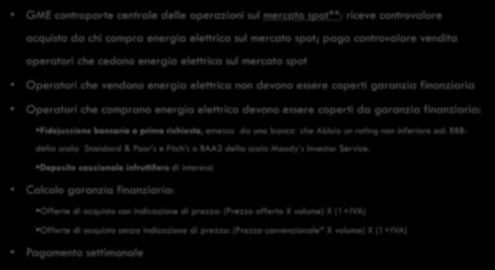 Sistema di garanzie in IPEX: il GME non ha rischio di mercato GME controparte centrale delle operazioni sul mercato spot**: riceve controvalore acquisto da chi compra energia elettrica sul mercato