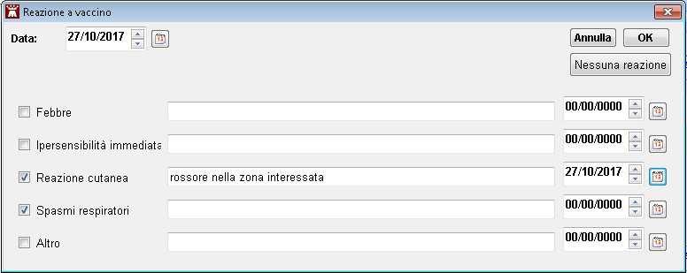 informazioni: la data della reazione al vaccino Nessuna reazione la reazione tra quelle indicate, inserendo per