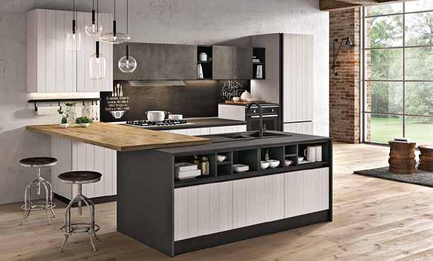 393 50%+30% Cucina componibile in finitura grigio sabbia e pietra grey, disponibile in