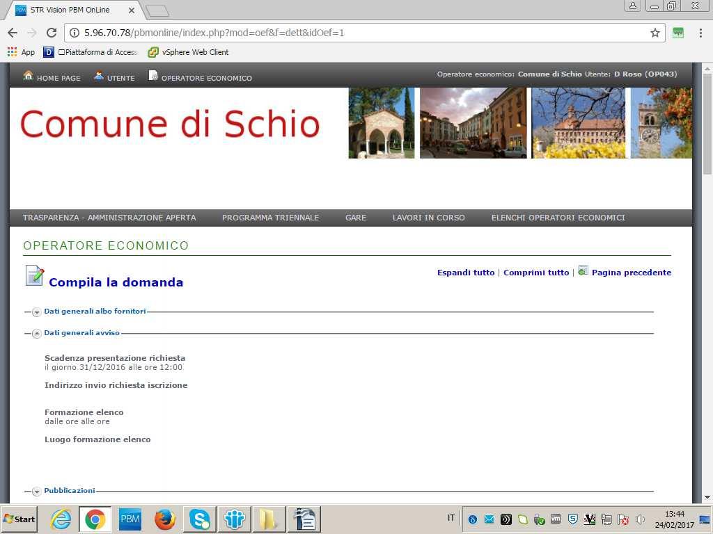 L operatore economico deve cliccare a questo punto su compila la domanda per avviare la fase di iscrizione all Elenco degli operatori economici consultabili nell'ambito di procedure sotto soglia