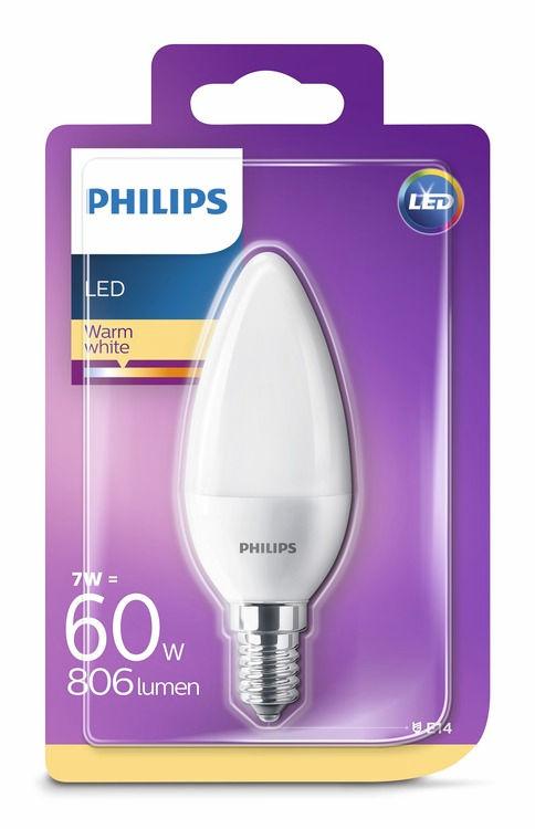 PHILIPS LED Candela 7W (60W) E14 Luce bianca calda Non regolabile La luce piacevole per i tuoi occhi Una luce di scarsa qualità potrebbe causare