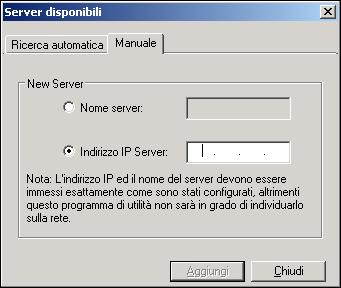 COMMAND WORKSTATION, WINDOWS EDITION 18 2 Se non è stato trovato alcun server Fiery, fare clic sulla scheda Manuale per eseguire la ricerca tramite il nome DNS o l indirizzo IP.