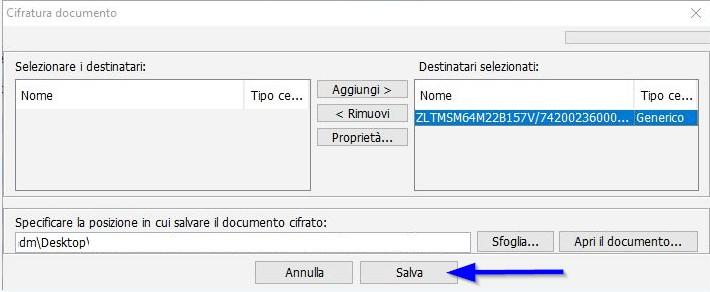 Nota bene: In questa fase il certificato Cciaa_BS.cer cambia nome, trasformandosi nella stringa CODICE FISCALE[ ] ************ cliccare sul pulsante Salva 10.