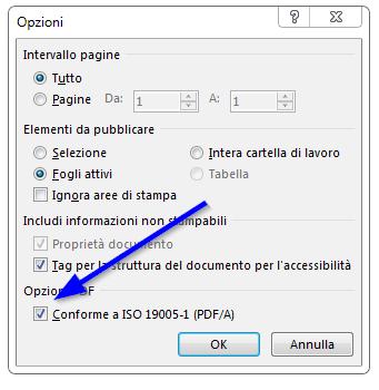 Sul menu a tendina Salva con nome selezionare il formato PDF, premere il pulsante Opzioni e controllare la presenza del flag